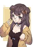  1girl :o absurdres animal_ears bespectacled black_choker black_dress blush bow bow_choker breasts brown_bow brown_eyes brown_hair choker cleavage collarbone dog_ears dog_girl dress glasses hair_bow highres inukai_purin looking_at_viewer lucabassiart medium_breasts paw_pose round_eyewear solo tsunderia v virtual_youtuber white_bow 