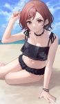  1girl arm_support bangs beach black_swimsuit bracelet breasts brown_eyes brown_hair choker cleavage closed_mouth cloud cloudy_sky day eyebrows_visible_through_hair eyelashes feet_out_of_frame fingernails hair_ornament hairclip highres higuchi_madoka horizon idolmaster idolmaster_shiny_colors jewelry leaf_print looking_at_viewer lying medium_breasts mole mole_under_eye navel on_side parted_bangs pink_nails short_hair sitting sky solo spiked_choker spikes suketoudara_(artist) sweat swimsuit v-shaped_eyebrows water yokozuwari 