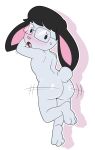  anthro biped black_hair blush butt digital_media_(artwork) eyewear fran_(megafluffydrawings) fur glasses hair hi_res jerseydevil lagomorph leporid male mammal nude rabbit solo white_body white_fur 