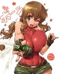  1girl alcohol amania_orz bottle breasts brown_eyes brown_hair christina_sierra cleavage cork covered_navel gloves green_shorts gundam gundam_00 holding holding_bottle huge_breasts leotard leotard_under_clothes long_hair looking_at_viewer one_eye_closed open_mouth red_leotard shiny shiny_hair shiny_skin shorts skin_tight smile solo teeth wine_bottle 