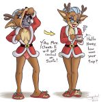  age_difference anthro bodysuit breasts brown_body brown_fur canid canine canis capreoline cervid christmas christmas_clothing clothed clothing crossdressing digital_media_(artwork) eyewear feet female fur glasses grandmother grandparent hi_res holidays humanoid_feet male male/female mammal mask mask_off masking mrs._claus older_female panties plantigrade reindeer sagabel simple_background skinsuit slippers solo suiting tight_clothing toes underwear wolf 