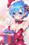  1girl ayamy bare_shoulders bell blue_eyes blue_hair blush box breasts christmas cleavage commentary_request detached_collar elbow_gloves gift gift_box gloves hair_bell hair_between_eyes hair_ornament hair_ribbon hat highres holding holding_gift large_breasts looking_at_viewer re:zero_kara_hajimeru_isekai_seikatsu red_gloves red_headwear red_ribbon rem_(re:zero) ribbon santa_hat short_hair solo x_hair_ornament 