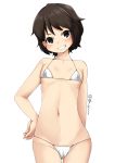  1girl bikini black_hair brown_eyes commentary_request cowboy_shot flat_chest grin hand_on_hip highres kantai_collection looking_at_viewer miyuki_(kantai_collection) nassukun short_hair simple_background smile solo swimsuit twitter_username white_background white_bikini 