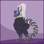  1:1 2020 absurd_res anthro big_butt black_body black_scales border butt clothed clothing curvy_figure dragon female greasymojo hair hi_res huge_butt long_hair multicolored_body multicolored_scales purple_background purple_border rear_view scales shyranrya_vichi signature simple_background solo standing thick_thighs two_tone_body two_tone_scales uniform voluptuous white_body white_hair white_scales wide_hips 