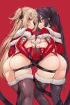  2girls alternate_costume ass bangs bikini bikini_top black_hair black_legwear black_ribbon blonde_hair blush breast_press breasts christmas commentary_request elbow_gloves eyepatch fischl_(genshin_impact) from_behind fur_trim genshin_impact gloves green_eyes hair_over_one_eye hair_ribbon highres holding_hands long_hair looking_at_viewer looking_back medium_breasts mona_(genshin_impact) multiple_girls red_background red_gloves red_legwear ribbon santa_costume simple_background skindentation smile string_bikini swimsuit thighhighs torriet twintails two_side_up very_long_hair yellow_eyes 