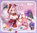 1girl absurdres animal_ear_headwear blush box breasts breasts_outside candle chii_aruel christmas christmas_tree empty_eyes fur_trim gift gift_box gloves heart highres hood lactation licking_lips long_hair looking_at_viewer nipples panties paw_gloves paws pink_hair red_eyes ribbon sack santa_costume sitting small_breasts solo soul_worker spoken_heart tongue tongue_out underwear very_long_hair vks_(63069596) 