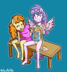  5_fingers aged_up anibaruthecat anthro clothed clothing clothing_lift duo equid equine eyebrows eyelashes eyes_closed female fingers flurry_heart_(mlp) food friendship_is_magic grin hasbro hi_res horn mammal my_little_pony panties pumpkin_cake_(mlp) simple_background sitting smile underwear unicorn winged_unicorn wings young 