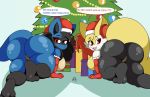  absurd_res all_fours anthro big_breasts big_butt blue_body blue_fur braixen breasts butt canid canine christmas christmas_tree clothed clothing digital_media_(artwork) duo feet female fox fur genitals gift hair hi_res hindpaw holidays huge_butt inner_ear_fluff looking_at_viewer lucario mammal nintendo nr_ac open_mouth panties paws plant pok&eacute;mon pok&eacute;mon_(species) pussy red_eyes simple_background smile text thick_thighs tight_clothing tree tuft underwear video_games yellow_body 