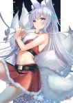  1girl animal_ear_fluff animal_ears armpit_crease azur_lane bare_arms bare_shoulders bell belt breasts christmas cleavage crop_top detached_collar fox_ears fox_girl fox_tail fur_trim highres holding holding_sack kitsune large_breasts long_hair looking_at_viewer midriff miniskirt mole mole_under_eye multiple_tails navel parted_lips pleated_skirt purple_eyes red_shirt red_skirt sack santa_costume shimotsuki_shio shinano_(azur_lane) shirt silver_hair skirt sleeveless sleeveless_shirt solo stomach strapless tail thighs 