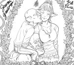  1girl 2boys bb_(baalbuddy) blush breasts carrying cheek_kiss christmas christmas_wreath cleavage closed_mouth commentary elf english_commentary english_text goblin greyscale hair_bun head_tilt highres jitome kiss long_sleeves looking_at_viewer mistletoe monochrome multiple_boys nose_piercing nose_ring orc original piercing pointy_ears sanpaku shirt shoulder_carry simple_background smile tusks white_background 