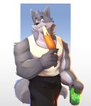  2020 anthro barazoku beverage beverage_can biceps canid canine canis cilok clothed clothing digital_media_(artwork) food fur hi_res male mammal muscular muscular_anthro muscular_male simple_background soda solo wolf 