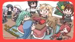  6+girls ahoge bangs blue_hair border brown_hair cake chibi christmas closed_eyes expressive_hair food gloves green_hair hair_flaps hair_ornament hair_ribbon hairband handheld_game_console harusame_(kantai_collection) hat holding indoors kantai_collection kawakaze_(kantai_collection) kotatsu long_hair lying multiple_girls murasame_(kantai_collection) nintendo_switch on_side open_mouth pink_hair poipoi_purin ponytail red_border red_hair remodel_(kantai_collection) ribbon sailor_collar samidare_(kantai_collection) school_uniform serafuku shigure_(kantai_collection) shiratsuyu_(kantai_collection) short_hair sleeping sleeping_upright smile sparkle standing suzukaze_(kantai_collection) table torpedo twintails twitter_username umikaze_(kantai_collection) video_game yamakaze_(kantai_collection) yuudachi_(kantai_collection) zzz 