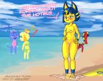  &lt;3 animal_crossing animal_humanoid ankha_(animal_crossing) anthro beach bite biting_lip blue_hair breasts canid canine canis clothed clothing domestic_cat domestic_dog egyptian english_text felid feline felis female genitals group hair humanoid isabelle_(animal_crossing) looking_at_viewer mammal mammal_humanoid navel nicovault nintendo nipples nude pussy red_clothing red_swimwear rosie_(animal_crossing) seaside shih_tzu smile summer swimwear text tongue tongue_out toy_dog video_games yellow_body 
