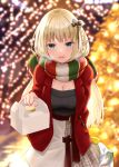  1girl arm_behind_back black_sweater blonde_hair blurry blurry_background blush box braid breasts cleavage coat commentary_request cowboy_shot french_braid green_eyes highres holding holding_box incoming_gift long_hair looking_at_viewer medium_breasts narushima_kanna night open_mouth original pointy_ears pom_pom_(clothes) red_coat skirt smile solo standing sweater white_skirt 