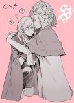  2girls ? bangs blush byleth_(fire_emblem) byleth_(fire_emblem)_(female) cape capelet closed_mouth crown fire_emblem fire_emblem:_three_houses flower flying_sweatdrops greyscale hair_flower hair_ornament heart highres hug ikarin long_hair long_sleeves midriff monochrome multiple_girls navel pink_background rhea_(fire_emblem) shorts simple_background smile spoken_question_mark sweat yuri 