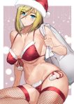  1girl ashiomi_masato bangs bikini blonde_hair blue_eyes blush breasts christmas cleavage closed_mouth fishnet_legwear fishnets guilty_gear hair_between_eyes hat highres holding holding_sack large_breasts millia_rage pom_pom_(clothes) red_bikini sack santa_costume santa_hat short_hair side-tie_bikini simple_background solo star_(symbol) swimsuit thighhighs 