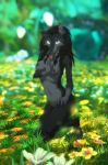  2018 3_toes 4_fingers anthro black_body black_fur black_hair black_nose blizzard_entertainment braided_hair breasts canid canine canis claws digital_media_(artwork) ear_piercing estelle_drace female finger_on_tongue fingers flower fluffy fur fuzzy grass hair hand_on_leg hand_on_thigh hi_res hyhlion inner_ear_fluff kneeling looking_at_viewer mammal nature navel nipples nude on_grass on_ground outside paws piercing plant solo toe_claws toes tongue tongue_out tuft video_games warcraft were werecanid worgen 