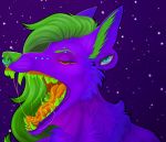  absurd_res anthro blue_eyes bodily_fluids canid canine deanwolfwood eyebrow_piercing facial_piercing green_hair green_teeth hair hi_res male mammal mouth_shot nose_piercing open_mouth orange_tongue piercing purple_body saliva saliva_on_tongue saliva_string snout_piercing solo teeth tongue 