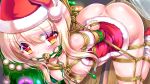  1girl arms_behind_back ass azur_lane bdsm blonde_hair blush bondage bound breasts chain christmas collar hat highres juneau_(azur_lane) leash long_hair looking_at_viewer mndqn nipple_clamps nipples rope santa_costume santa_hat sex_toy shibari small_breasts solo tears vibrator vibrator_on_nipple wooden_horse yellow_eyes 