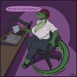  1:1 4_toes absurd_res anthro big_breasts border breasts chair cleavage clothed clothing crocodilian curvy_figure dialogue english_text female furniture greasymojo green_body green_scales hair headphones hi_res huge_breasts microphone non-mammal_breasts open_mouth purple_border red_hair reptile scales scalie sitting solo speech_bubble text thick_thighs toes voluptuous 