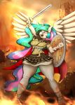  absurd_res anthro anthrofied armor breasts equid feathered_wings feathers female fire friendship_is_magic hair hasbro hi_res holding_object holding_sword holding_weapon horn long_hair mammal melee_weapon multicolored_hair my_little_pony princess_celestia_(mlp) raised_arm shield solo sword tatemil thick_thighs weapon wide_hips winged_unicorn wings 