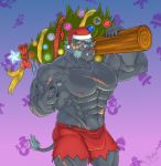  abs anthro bottomwear christmas christmas_clothing christmas_tree clothing hi_res holidays jabuhusky krampus_(housamo) male monster muscular muscular_male pecs plant shorts tokyo_afterschool_summoners tree video_games 