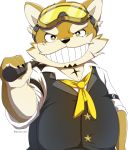  anthro canid canine canis clothing domestic_dog eyewear facial_hair fur goggles grin hi_res live-a-hero male mammal mustache necktie ponzu_tas procy scar short_stack smile solo topwear vest yellow_body yellow_fur 
