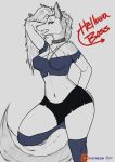  2020 anthro breasts canid canid_demon clothing collar demon ear_piercing english_text eyelashes female fur hair hellhound helluva_boss hi_res loona_(vivzmind) mammal monochrome moofles123 navel open_mouth partially_colored patreon piercing pinup pose red_sclera shoulder_tuft solo spiked_collar spikes standing text thick_thighs torn_clothing tuft white_eyes 