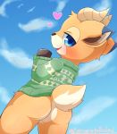  &lt;3 absurd_res animal_crossing anthro beau_(animal_crossing) blue_eyes blush bottomless butt cervid chibi clothed clothing hi_res horn kemosyotaralsei male mammal nintendo solo sweater topwear video_games 