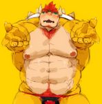  2020 abs anthro barazoku beard big_muscles blush body_hair bowser chest_hair clothing eyebrows facial_hair gesture hair happy_trail hi_res horn koopa looking_at_viewer male mario_bros meme muscular muscular_anthro muscular_male navel nintendo nipples open_mouth pecs pubes red_hair scalie shell simple_background solo spiked_shell spikes spikes_(anatomy) thick_eyebrows thong tora_gy underwear video_games yellow_background yellow_body 