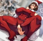  big_breasts blush bodily_fluids breasts christmas cleavage clothed clothing donaught elf eyewear female fingering fingering_self genital_fluids genitals glasses hi_res holidays huge_breasts humanoid humanoid_pointy_ears looking_at_viewer masturbation mature_female nipple_outline not_furry pussy pussy_juice solo thick_thighs vaginal vaginal_fingering vaginal_masturbation wide_hips 