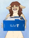  2020 blokfort bovid bovine box brown_hair cattle clothed clothing controller female game_controller green_eyes hair hi_res looking_at_viewer mammal nude playstation_5 ps5 simple_background smile solo sony_corporation sony_interactive_entertainment teeth topless video_games 