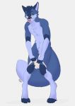  anthro bedroom_eyes blue_body blue_fur canid canine canis clothing edesk fur green_eyes hi_res hybrid jockstrap male mammal narrowed_eyes pink_nose seductive solo tongue tongue_out underwear underwear_around_legs underwear_around_thighs undressing wolf 