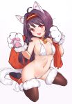  1girl ahoge animal_ears bangs bell bikini breasts brown_legwear cat_ears cat_tail choker collar collarbone commentary_request fur-trimmed_legwear fur_trim gloves hairband highres holding holding_sack lavie long_hair looking_at_viewer navel open_mouth paw_gloves paws purple_hair red_choker red_eyes red_footwear red_hairband sack shoes smile solo striped_choker swimsuit sword_art_online tail thighhighs untied untied_bikini upper_teeth white_gloves yuuki_(sao) 