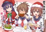  3girls absurdres akatsuki_(kantai_collection) atlanta_(kantai_collection) black_sailor_collar blush brown_eyes brown_hair cake capelet closed_eyes collarbone eyebrows_visible_through_hair fang folded_ponytail food hair_between_eyes hat highres holding holding_food ikazuchi_(kantai_collection) inazuma_(kantai_collection) kantai_collection kokutou_nikke long_hair long_sleeves multiple_girls neckerchief open_mouth purple_eyes purple_hair red_capelet red_neckwear sailor_collar santa_costume santa_hat school_uniform serafuku short_hair skin_fang tears translation_request 