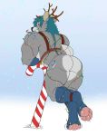  2020 abs animated ankle_band anthro antlers arm_support back_musclws bell bell_harness biceps blue_hair butt candy candy_cane cervid christmas christmas_lights claws crossed_legs dessert feet flaws food food_in_mouth fur grey_body grey_fur hair harness hi_res holidays horn hybrid jingle_bell jingle_bell_harness leaning leaning_on_object looking_at_viewer looking_back male mammal muscular muscular_anthro muscular_male nude pawpads pecs quads rear_view red_eyes short_playtime snow snowing solo standing toe_claws triceps zourik 