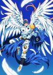 1boy angel angel_wings angemon artist_name bara blonde_hair bodysuit boots clenched_hand commentary day digimon english_commentary feathered_wings feathers flying gloves hand_up helmet highres jewelry knee_up long_hair male_focus multiple_wings ring shoes shoulder_plates sky smile solo symbol_commentary torn_clothes white_bodysuit white_feathers white_footwear white_wings wings xelgot 