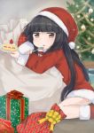  1girl aoshima_sakana bangs black_hair blunt_bangs blush boots box cake christmas christmas_tree dress eyebrows_visible_through_hair food food_on_face fork fur_trim gift gift_box hat hatsuyuki_(kantai_collection) hime_cut holding holding_plate indoors kantai_collection knee_boots long_hair long_sleeves open_mouth plate red_dress red_footwear sack santa_costume santa_hat sidelocks sitting solo sparkle 