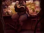  absurd_res anthro bar beverage big_breasts bottomwear breasts cleavage clothed clothing cutoffs denim denim_clothing female greasymojo group hi_res huge_breasts huge_filesize hyaenid inside male mammal shorts spotted_hyena thick_thighs 