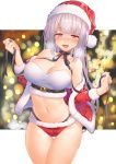  1girl :d bare_shoulders belt bikini bikini_bottom black_choker blurry blush bokeh breasts cameltoe choker christmas cleavage collarbone cowboy_shot crop_top cropped_jacket depth_of_field fur_trim half-closed_eyes hands_up hat highleg jacket kibanda_gohan large_breasts long_hair long_sleeves looking_at_viewer midriff navel nose_blush off_shoulder open_clothes open_jacket open_mouth original purple_eyes red_bikini red_headwear red_jacket revealing_clothes santa_hat shirt silver_hair sleeveless sleeveless_shirt smile solo standing stomach strapless_shirt swimsuit thigh_gap thighs white_shirt 