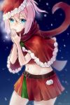 1girl belt belt_buckle blue_eyes blush brown_belt buckle capelet christmas cowboy_shot hair_between_eyes hat highres kantai_collection navel nose_blush open_mouth pink_hair pleated_skirt pom_pom_(clothes) ponytail red_capelet red_scarf red_skirt santa_costume santa_hat scarf shiranui_(kantai_collection) short_hair skirt snowing solo twitter_username u_yuz_xx 