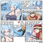  &lt;3 absurd_res animal_humanoid arms_above_head big_breasts biped black_hair blue_body blue_eyes blue_hair blue_scales blush breasts claws cleavage clenched_teeth clothed clothing coat cold comic cute_fangs day dialogue dragon dragon_humanoid duo english_text female female_on_human fully_clothed glistening glistening_breasts gloves hair hand_holding handwear hat headgear headwear hi_res horn human human_on_humanoid humanoid ice_dragon interspecies light_body light_skin looking_at_another looking_at_partner male male/female male_on_humanoid mammal membrane_(anatomy) membranous_wings monotone_hair onomatopoeia outside plant red_scarf romantic_couple scales scalie scalie_humanoid scarf shaking shivering short_hair sound_effects speech_bubble standing stretching teeth text theordomalleus topwear tree winged_arms wings winter winter_coat 