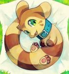 3_toes brown_body collar cute_expression cute_fangs dio_(diorexity) extyrannomon_(artist) feet feral furret green_eyes hi_res light_brown_fur long_tail looking_at_viewer lying male mammal mustela mustelid musteline nintendo on_back open_mouth pawpads paws pok&eacute;mon pok&eacute;mon_(species) simple_background solo toes video_games 