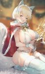  1girl absurdres alcohol animal_ears bangs bell bikini blonde_hair blue_bikini blue_eyes blurry blurry_background blush bottle bow bowtie breasts cape cat_ears christmas cross cross_earrings earrings fur_trim girls_frontline hair_ornament heart highres holding holding_bottle huge_breasts jewelry maid_headdress mole mole_on_breast o-ring open_mouth pom_pom_(clothes) red_cape sakippo_(sakippo0) short_hair snowflake_hair_ornament solo swimsuit thighhighs vsk-94_(girls_frontline) 