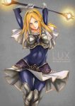  1girl armor arms_up blonde_hair blue_eyes character_name collarbone covered_navel gloves glowing greaves grey_hairband hairband highres holding holding_wand league_of_legends long_hair luxanna_crownguard nr_noir parted_lips smile solo wand white_gloves 