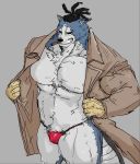  2020 anthro barazoku big_muscles blue_body blue_fur body_hair bulge canid canine canis chest_tuft chojuro_kon cigar clothed clothing fur grey_background hair happy_trail hi_res male mammal multicolored_body multicolored_fur muscular muscular_anthro muscular_male my_hero_academia nipples open_clothing open_robe open_topwear pecs robe simple_background smile solo standing teeth thong topwear tora_gy tuft two_tone_body two_tone_fur underwear white_body white_fur wolf 