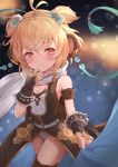  1girl alternate_costume andira_(granblue_fantasy) animal_ears black_gloves blonde_hair breasts closed_mouth cowboy_shot erune gloves granblue_fantasy highres kimblee leotard light_smile looking_at_viewer monkey_ears monkey_tail red_eyes scarf short_hair small_breasts snow solo tail thighhighs two_side_up white_leotard white_scarf 