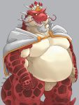  3:4 animal_genitalia anthro belly bluewhale127 cape cloaca clothing dragon feathered_headdress genitals hi_res itzamna male musclegut overweight overweight_anthro overweight_male pecs slit solo tokyo_afterschool_summoners video_games whiskers 
