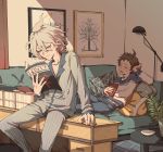  2boys ahoge alternate_costume blue_pants book brown_eyes brown_hair closed_eyes couch danganronpa_(series) danganronpa_2:_goodbye_despair drooling feet_out_of_frame highres hinata_hajime holding holding_book holding_magazine indoors komaeda_nagito lamp long_sleeves lying magazine male_focus medium_hair messy_hair multiple_boys on_back on_couch open_mouth painting_(object) pajamas pants pillow ponytail revo_toumeijin shirt short_hair sitting striped striped_pajamas striped_pants striped_shirt table two-tone_shirt 