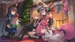  amiya_(arknights) animal_ears arknights blonde_hair blue_eyes brown_hair bunnygirl cardigan_(arknights) christmas durin_(arknights) eihi fire gloves goggles gray_hair group hat long_hair pantyhose pink_eyes pink_hair pointed_ears ponytail shamare_(arknights) sleeping snow tail thighhighs twintails 
